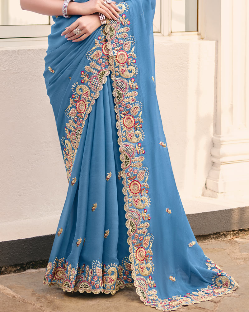 Electric Blue Designer Chiffon Saree With Embroidery-Diamond Work And Cut Work Fancy Border