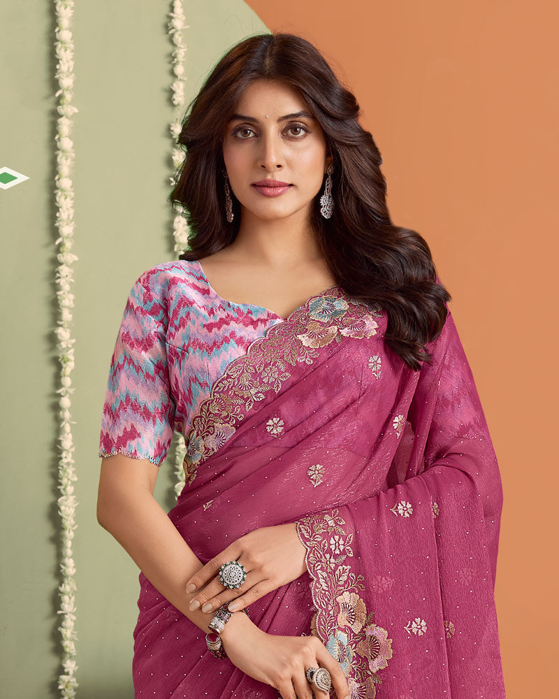 Dusty Magenta Designer Chiffon Saree With Embroidery-Diamond Work And Cut Work Fancy Border