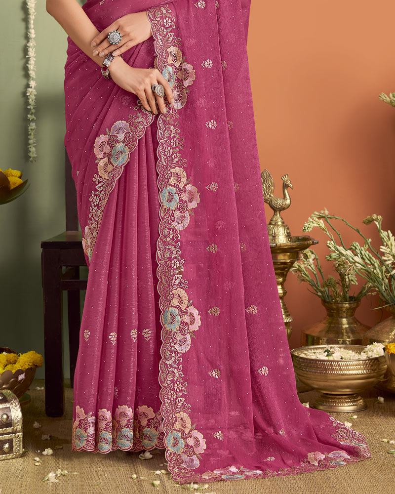 Dusty Magenta Designer Chiffon Saree With Embroidery-Diamond Work And Cut Work Fancy Border