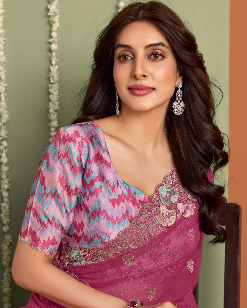 Dusty Magenta Designer Chiffon Saree With Embroidery-Diamond Work And Cut Work Fancy Border