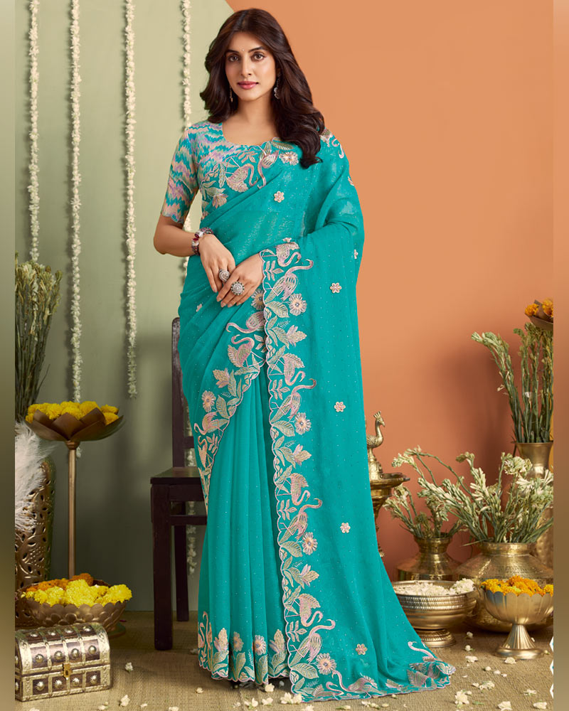 Teal Green Designer Chiffon Saree With Embroidery-Diamond Work And Cut Work Fancy Border