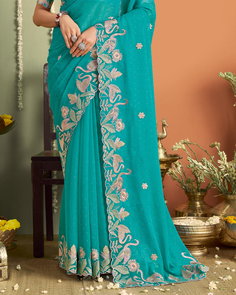 Teal Green Designer Chiffon Saree With Embroidery-Diamond Work And Cut Work Fancy Border