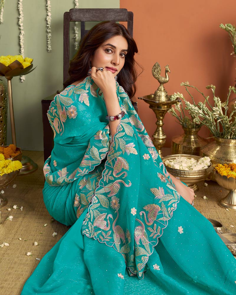 Teal Green Designer Chiffon Saree With Embroidery-Diamond Work And Cut Work Fancy Border