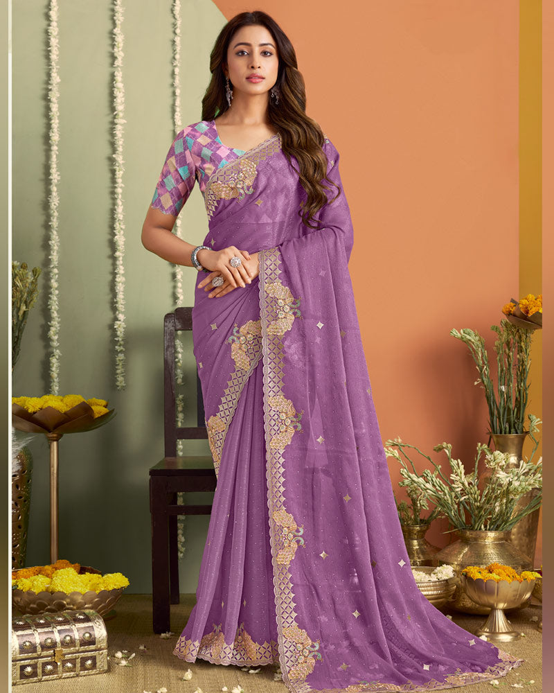 Lavender Designer Chiffon Saree With Embroidery-Diamond Work And Cut Work Fancy Border