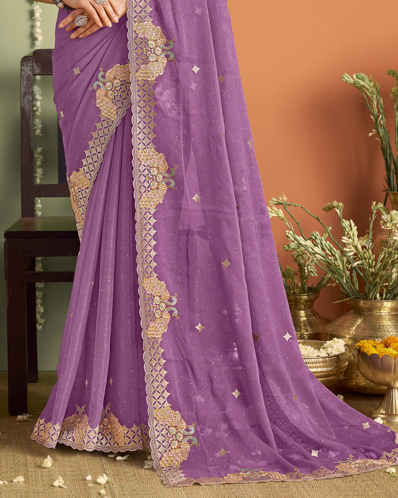 Lavender Designer Chiffon Saree With Embroidery-Diamond Work And Cut Work Fancy Border
