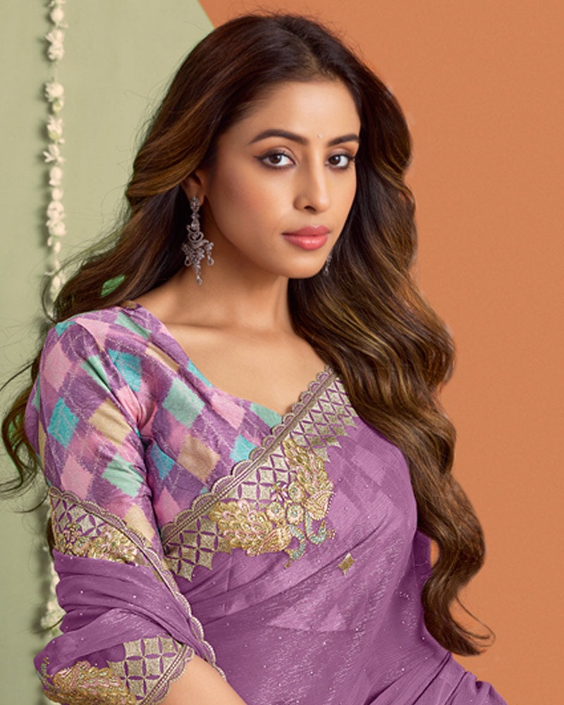 Lavender Designer Chiffon Saree With Embroidery-Diamond Work And Cut Work Fancy Border