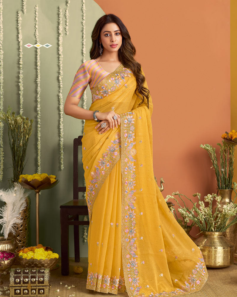 Butter Yellow Designer Chiffon Saree With Embroidery-Diamond Work And Cut Work Fancy Border