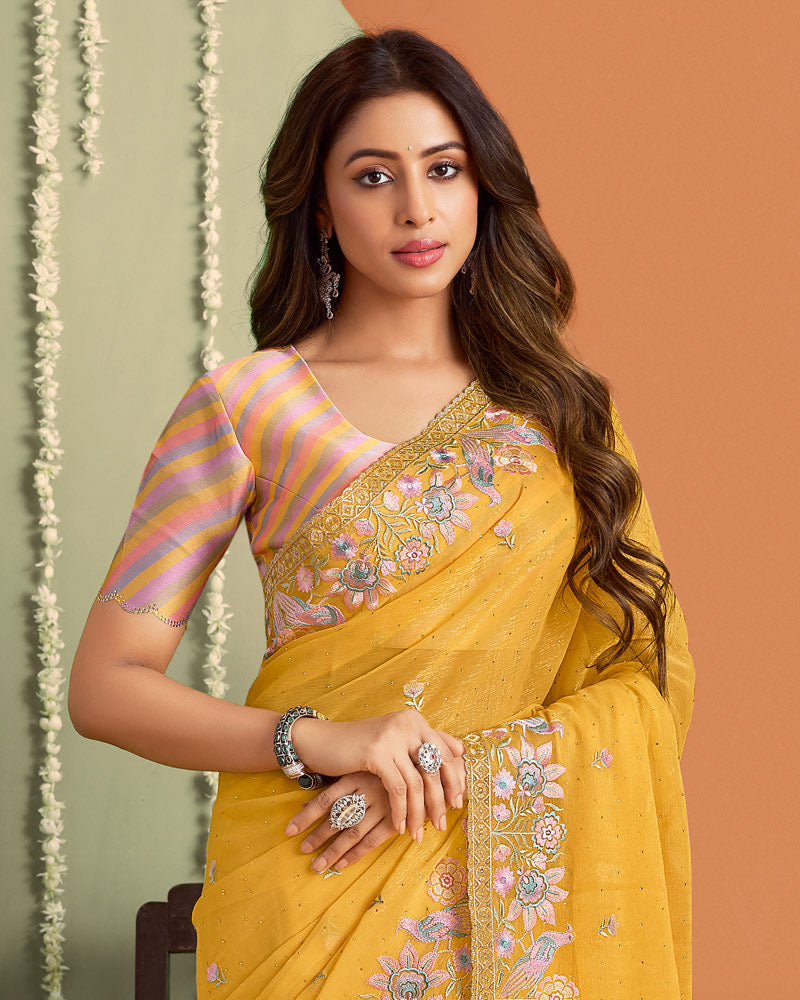 Butter Yellow Designer Chiffon Saree With Embroidery-Diamond Work And Cut Work Fancy Border