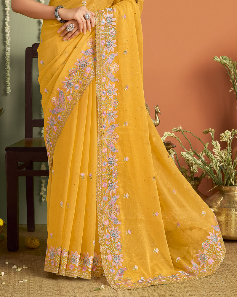 Butter Yellow Designer Chiffon Saree With Embroidery-Diamond Work And Cut Work Fancy Border