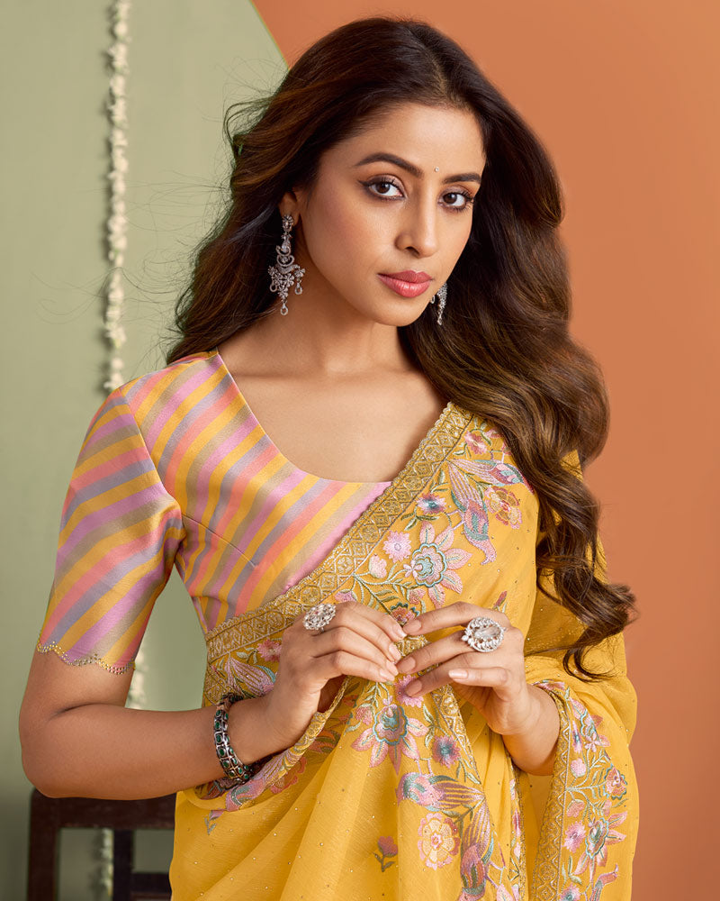 Butter Yellow Designer Chiffon Saree With Embroidery-Diamond Work And Cut Work Fancy Border