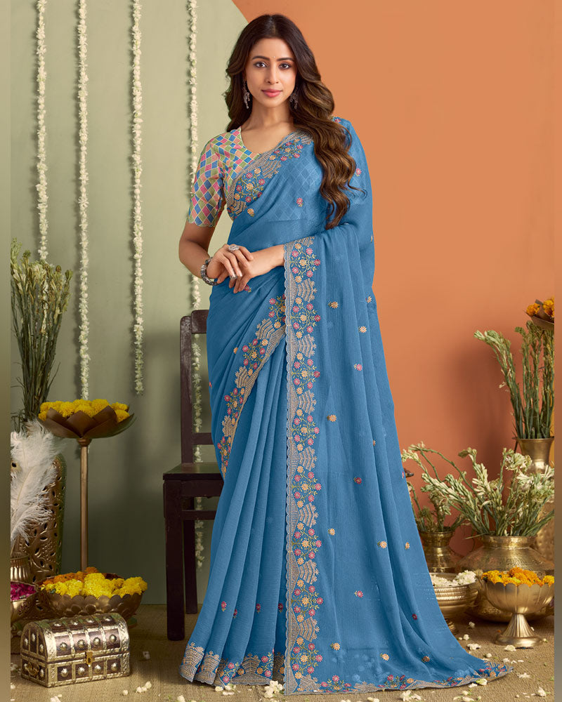 Electric Blue Designer Chiffon Saree With Embroidery-Diamond Work And Cut Work Fancy Border