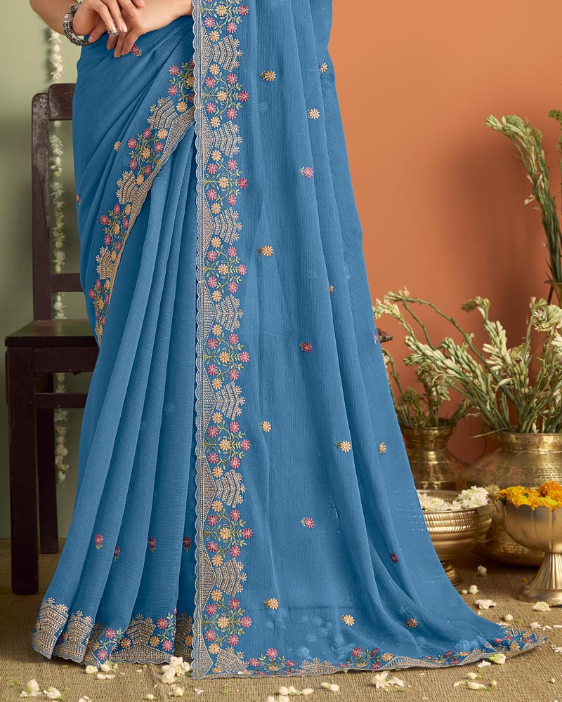 Electric Blue Designer Chiffon Saree With Embroidery-Diamond Work And Cut Work Fancy Border