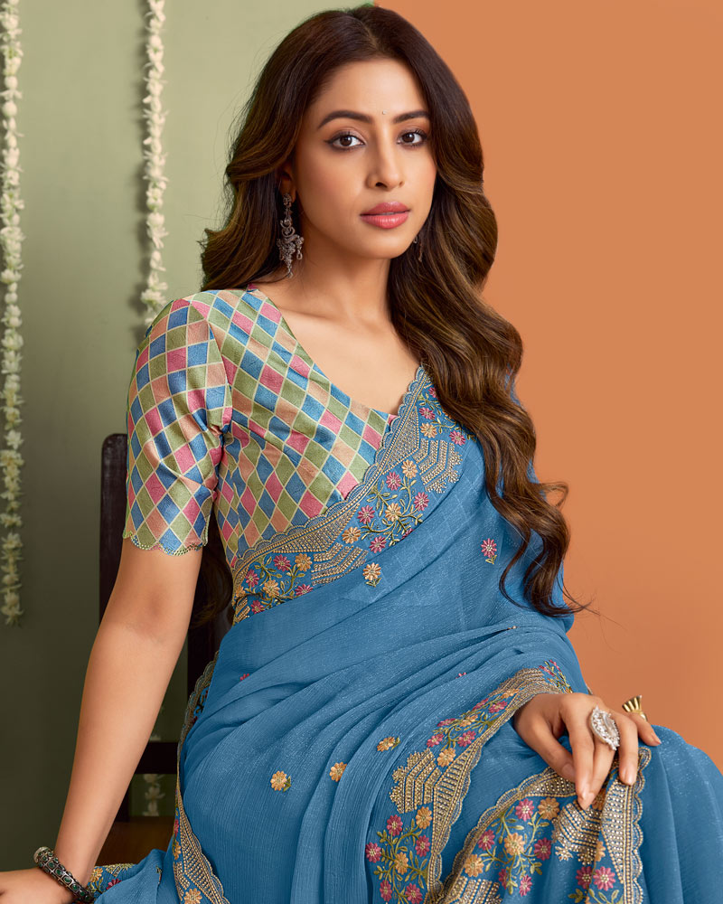 Electric Blue Designer Chiffon Saree With Embroidery-Diamond Work And Cut Work Fancy Border