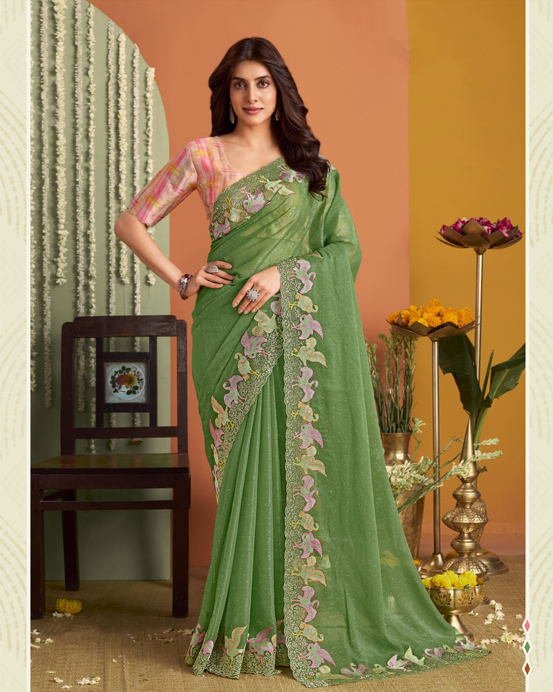 Dusty Green Designer Chiffon Saree With Embroidery-Diamond Work And Cut Work Fancy Border