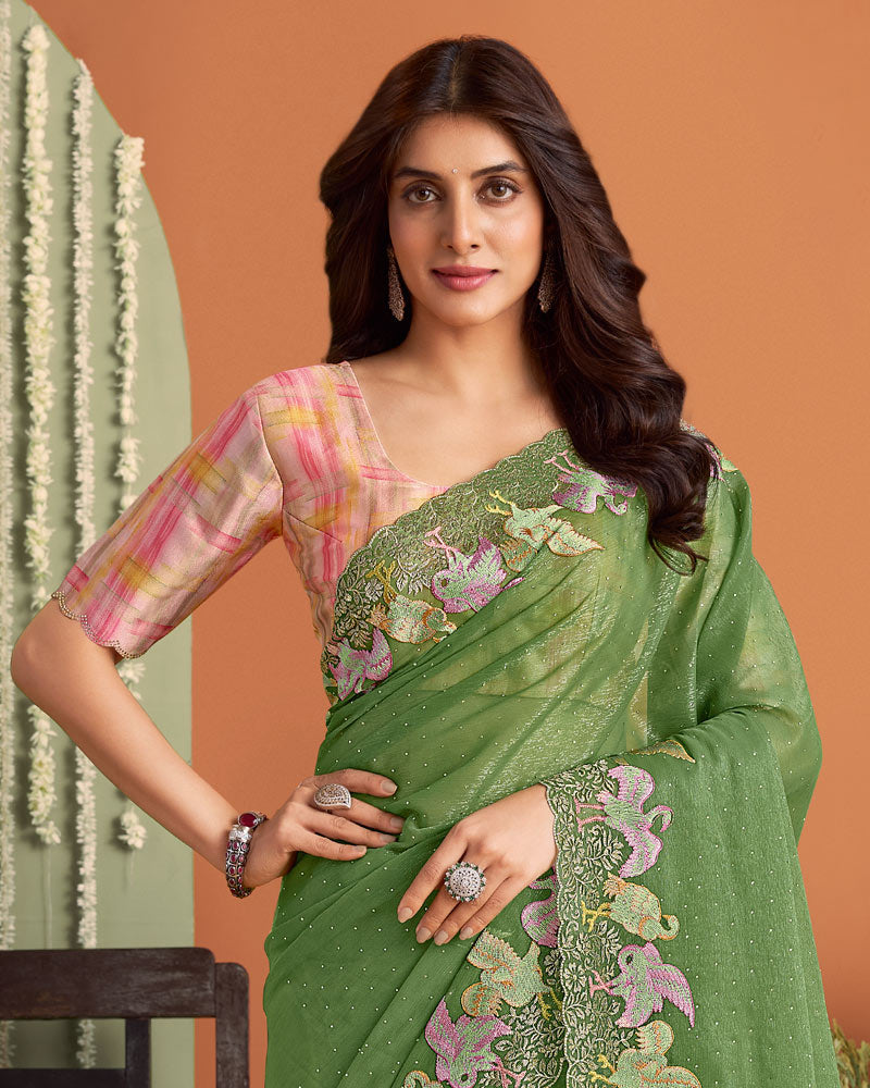 Dusty Green Designer Chiffon Saree With Embroidery-Diamond Work And Cut Work Fancy Border