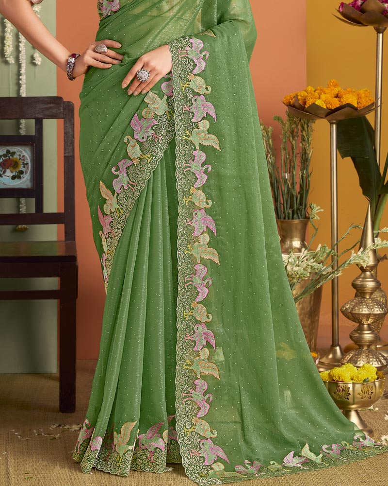 Dusty Green Designer Chiffon Saree With Embroidery-Diamond Work And Cut Work Fancy Border