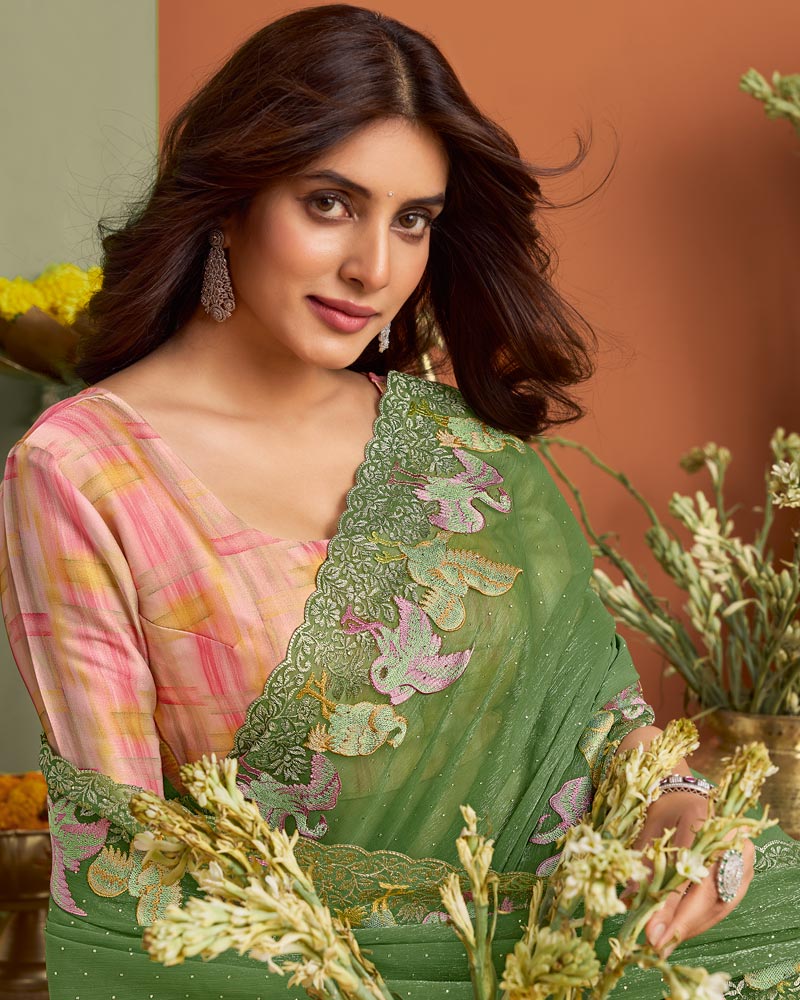 Dusty Green Designer Chiffon Saree With Embroidery-Diamond Work And Cut Work Fancy Border