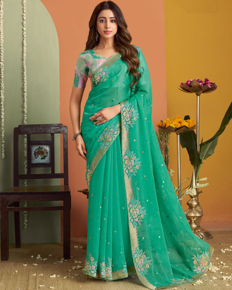 Teal Green Designer Chiffon Saree With Embroidery-Diamond Work And Cut Work Fancy Border