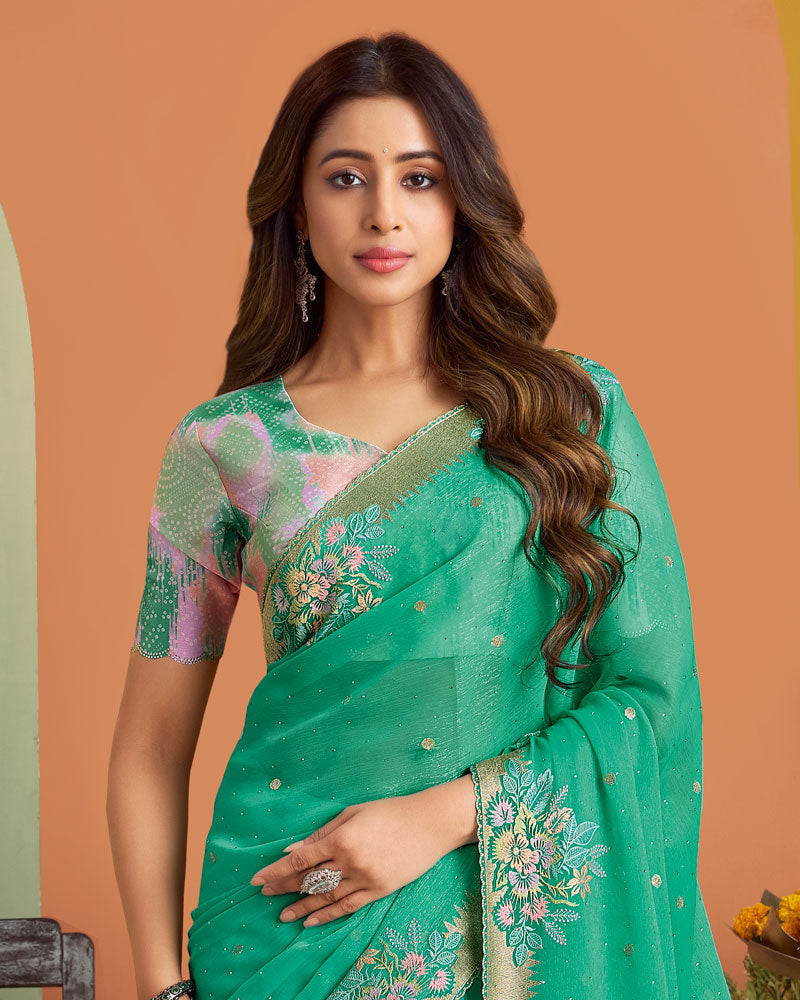 Teal Green Designer Chiffon Saree With Embroidery-Diamond Work And Cut Work Fancy Border