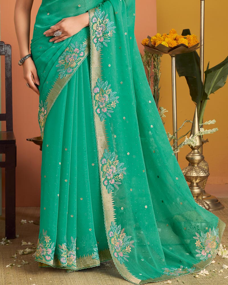 Teal Green Designer Chiffon Saree With Embroidery-Diamond Work And Cut Work Fancy Border
