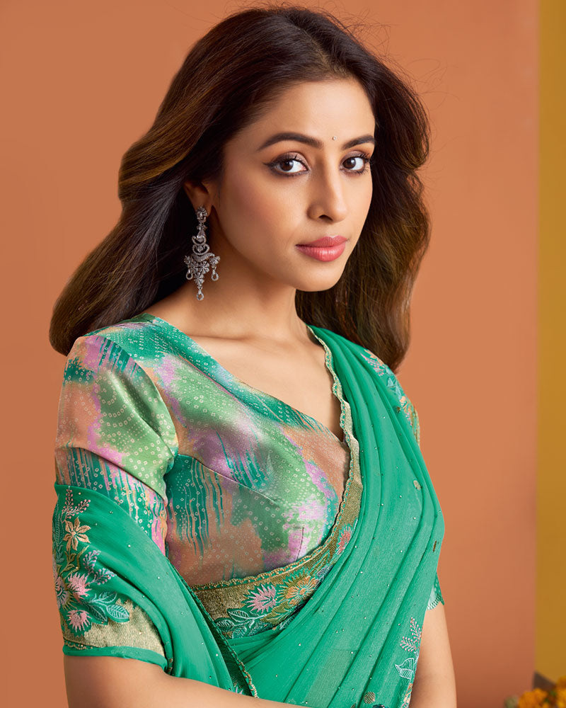 Teal Green Designer Chiffon Saree With Embroidery-Diamond Work And Cut Work Fancy Border