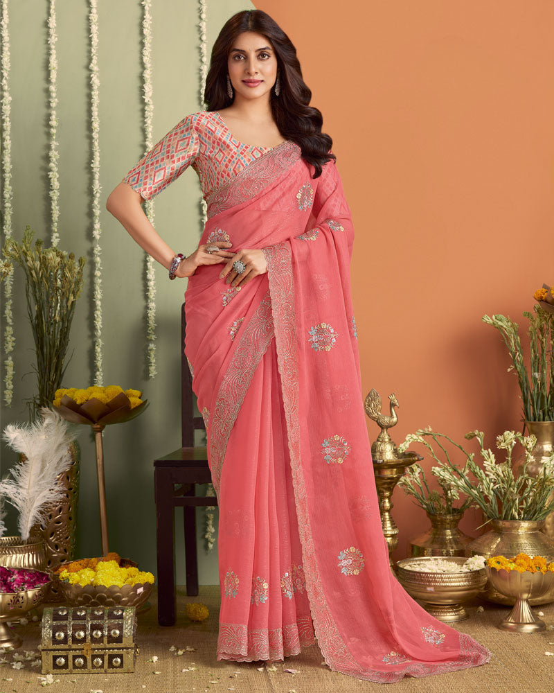 Peach Designer Chiffon Saree With Embroidery-Diamond Work And Cut Work Fancy Border