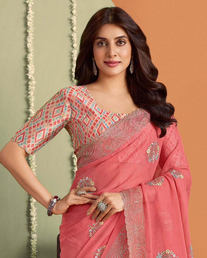 Peach Designer Chiffon Saree With Embroidery-Diamond Work And Cut Work Fancy Border