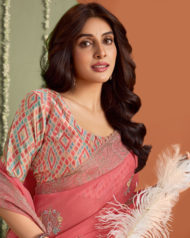 Peach Designer Chiffon Saree With Embroidery-Diamond Work And Cut Work Fancy Border