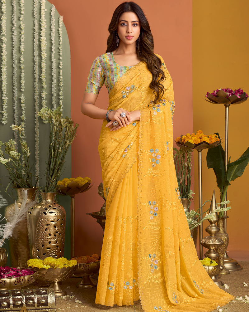 Bright Yellow Designer Chiffon Saree With Embroidery-Diamond Work And Cut Work Fancy Border