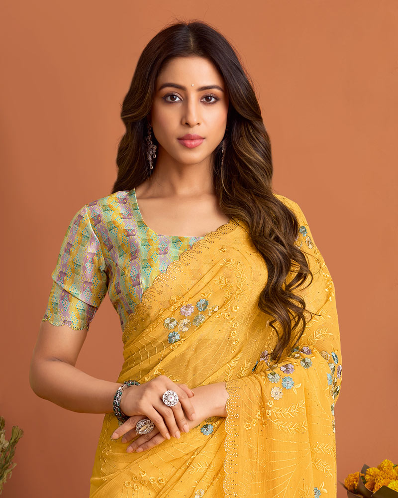 Bright Yellow Designer Chiffon Saree With Embroidery-Diamond Work And Cut Work Fancy Border