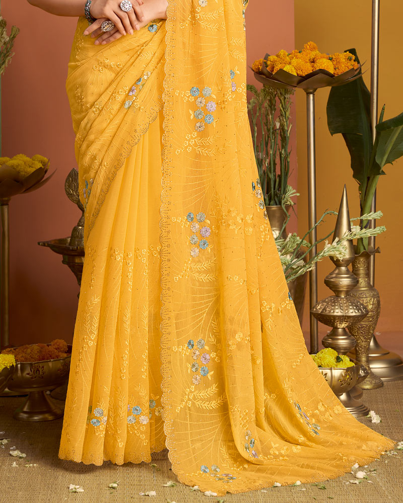Bright Yellow Designer Chiffon Saree With Embroidery-Diamond Work And Cut Work Fancy Border