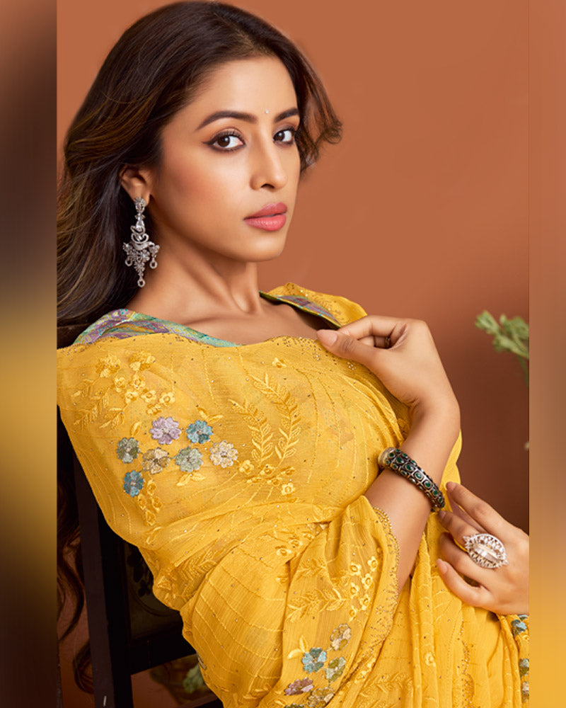 Bright Yellow Designer Chiffon Saree With Embroidery-Diamond Work And Cut Work Fancy Border