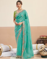 Mint Green Designer Gold Crush Saree With Embroidery-Diamond Work And Cut Work Border