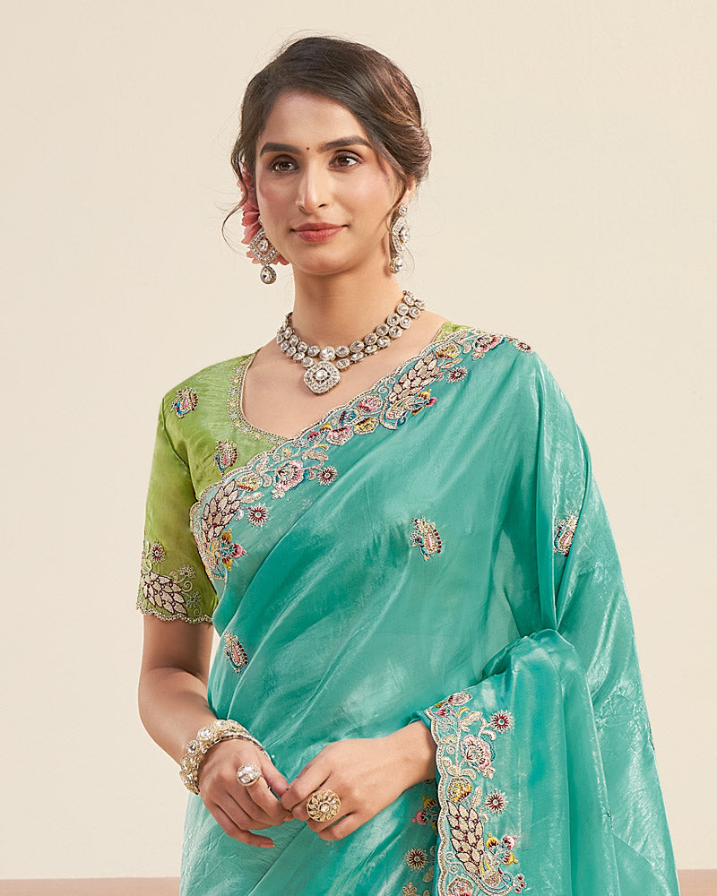 Mint Green Designer Gold Crush Saree With Embroidery-Diamond Work And Cut Work Border