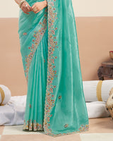 Mint Green Designer Gold Crush Saree With Embroidery-Diamond Work And Cut Work Border