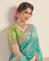 Mint Green Designer Gold Crush Saree With Embroidery-Diamond Work And Cut Work Border