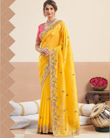 Light Yellowish Orange Designer Gold Crush Saree With Embroidery-Diamond Work And Cut Work Border