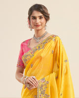 Light Yellowish Orange Designer Gold Crush Saree With Embroidery-Diamond Work And Cut Work Border