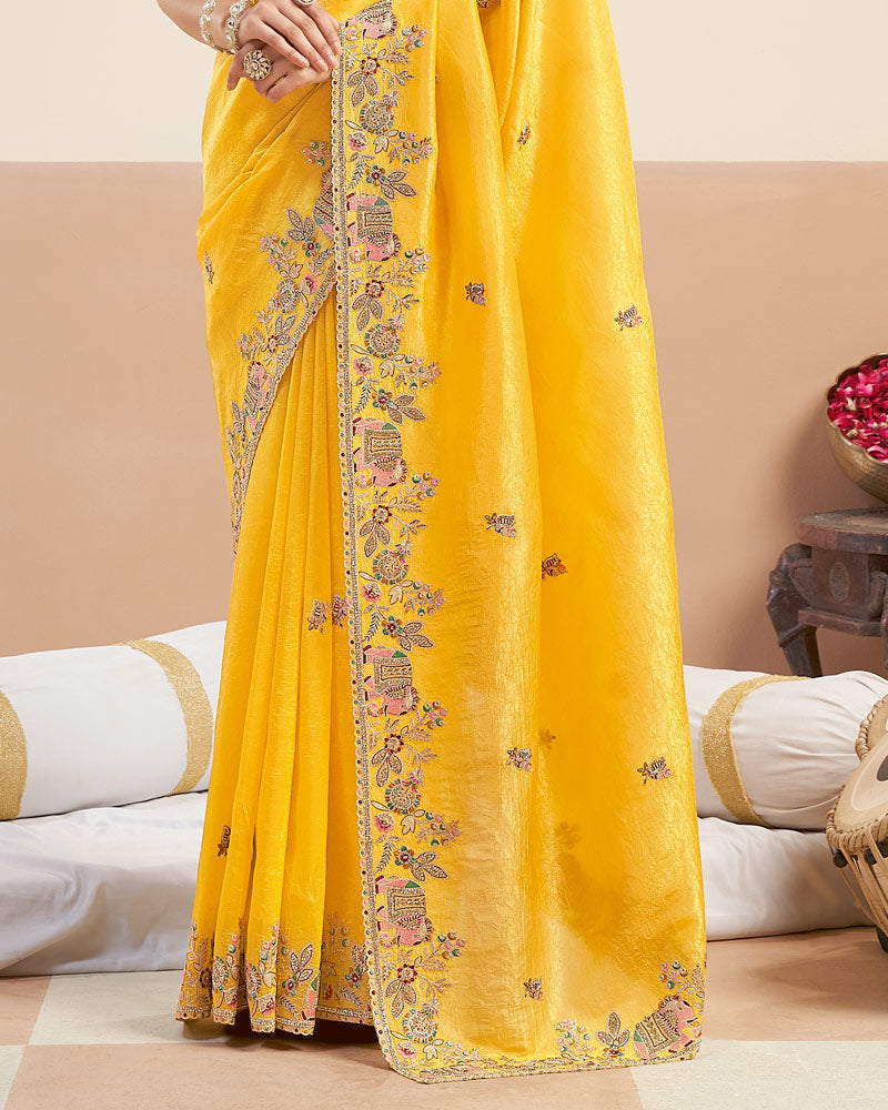 Light Yellowish Orange Designer Gold Crush Saree With Embroidery-Diamond Work And Cut Work Border