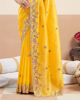 Light Yellowish Orange Designer Gold Crush Saree With Embroidery-Diamond Work And Cut Work Border