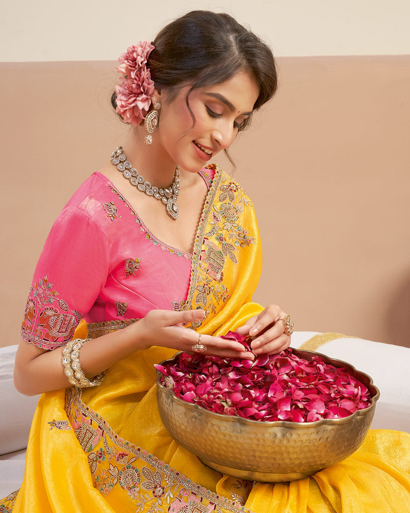 Light Yellowish Orange Designer Gold Crush Saree With Embroidery-Diamond Work And Cut Work Border