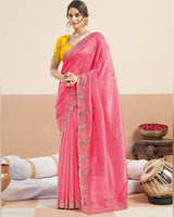 Warm Pink Designer Gold Crush Saree With Embroidery-Diamond Work And Cut Work Border