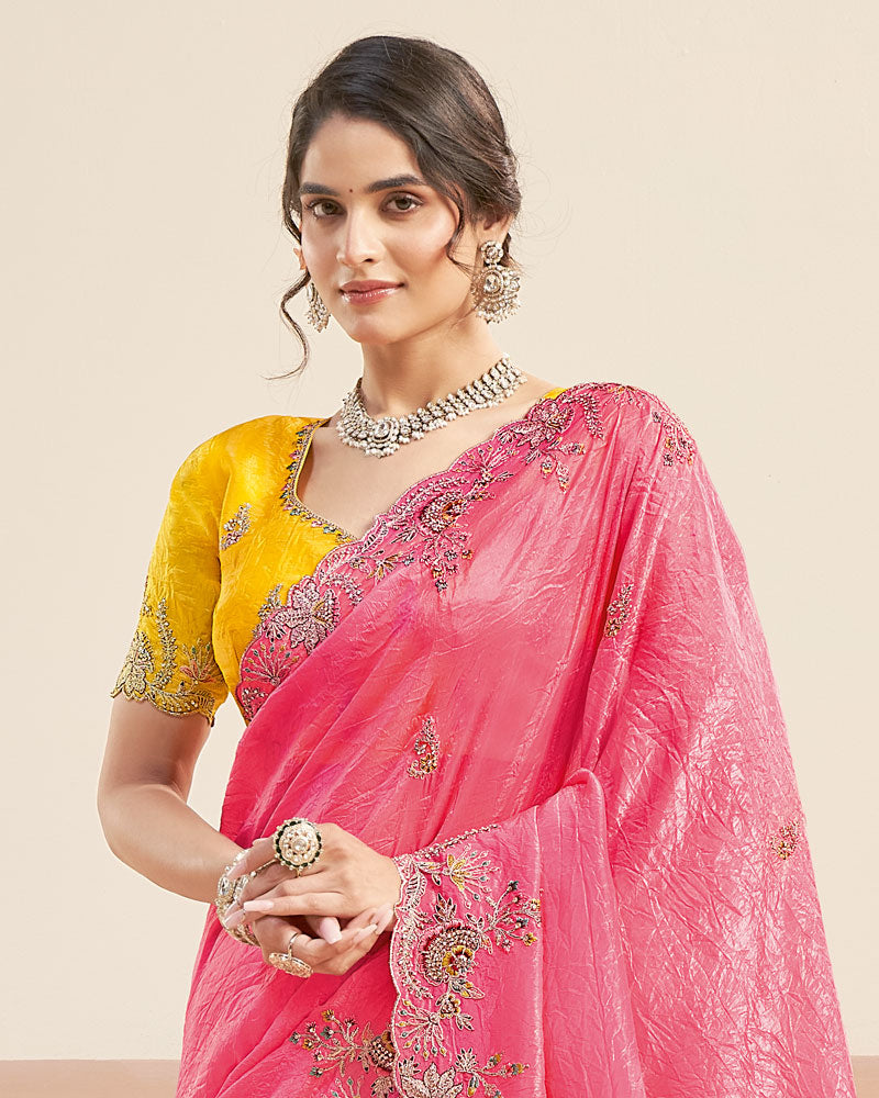 Warm Pink Designer Gold Crush Saree With Embroidery-Diamond Work And Cut Work Border