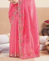 Warm Pink Designer Gold Crush Saree With Embroidery-Diamond Work And Cut Work Border