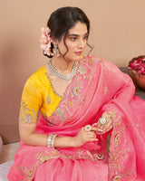 Warm Pink Designer Gold Crush Saree With Embroidery-Diamond Work And Cut Work Border