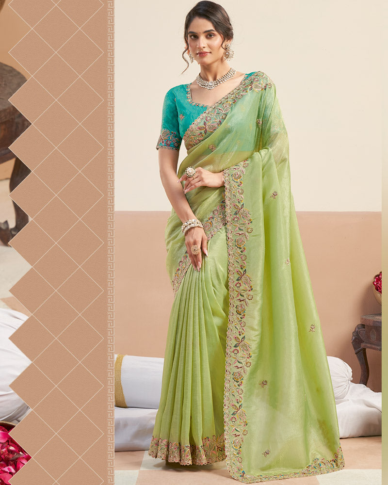 Light Moss Green Designer Gold Crush Saree With Embroidery-Diamond Work And Cut Work Border