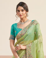 Light Moss Green Designer Gold Crush Saree With Embroidery-Diamond Work And Cut Work Border