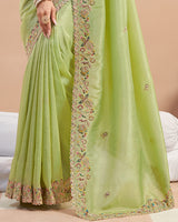 Light Moss Green Designer Gold Crush Saree With Embroidery-Diamond Work And Cut Work Border