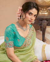 Light Moss Green Designer Gold Crush Saree With Embroidery-Diamond Work And Cut Work Border