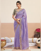 Dusty Lavender Designer Gold Crush Saree With Embroidery-Diamond Work And Cut Work Border